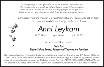 Traueranzeige von Anni Leykam von Pegnitz-Zeitung