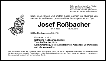 Traueranzeige von Josef Roßbacher von Hersbrucker Zeitung
