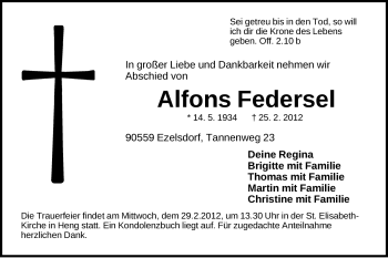 Traueranzeige von Alfons Federsel von Der Bote