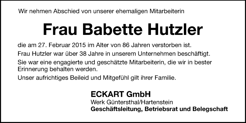  Traueranzeige für Babette Hutzler vom 04.03.2015 aus Hersbrucker Zeitung