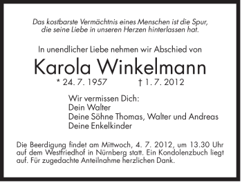 Traueranzeige von Karola Winkelmann von Der Bote