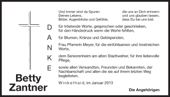 Traueranzeige von Betty Zantner von Der Bote