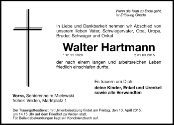 Traueranzeige von Walter Hartmann von Hersbrucker Zeitung