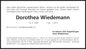 Traueranzeige von Dorothea Wiedemann von Der Bote