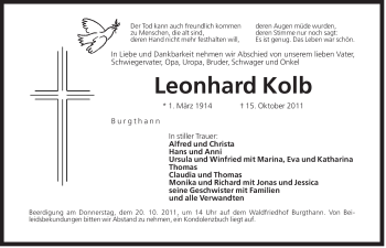 Traueranzeige von Leonhard Kolb von Der Bote