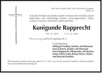 Traueranzeige von Kunigunde Rupprecht von Der Bote