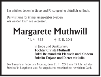 Traueranzeige von Margarete Muthwill von Der Bote