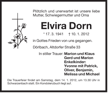 Traueranzeige von Elvira Dorn von Der Bote