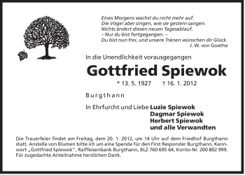 Traueranzeige von Gottfried Spiewok von Der Bote