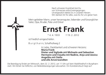 Traueranzeige von Ernst Frank von Der Bote