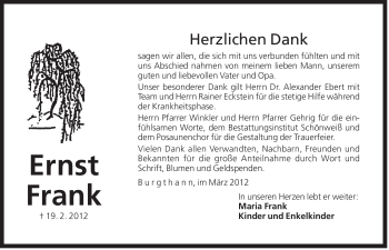 Traueranzeige von Ernst Frank von Der Bote