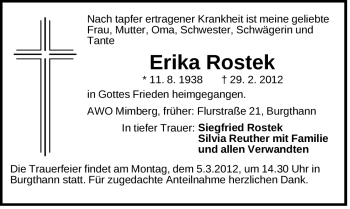 Traueranzeige von Erika Rostek von Der Bote