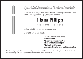 Traueranzeige von Hans Pillipp von Der Bote
