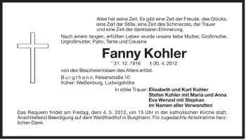 Traueranzeige von Fanny Kohler von Der Bote