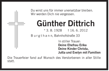 Traueranzeige von Günther Dittrich von Der Bote