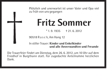 Traueranzeige von Fritz Sommer von Der Bote