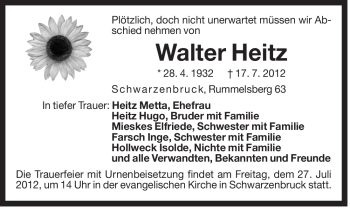Traueranzeige von Walter Heitz von Der Bote