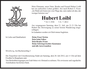 Traueranzeige von Hubert Loibl von Der Bote