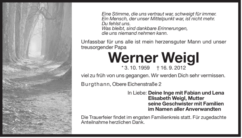  Traueranzeige für Werner Weigl vom 18.09.2012 aus Der Bote
