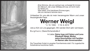 Traueranzeige von Werner Weigl von Der Bote
