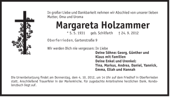 Traueranzeige von Margareta Holzammer von Der Bote