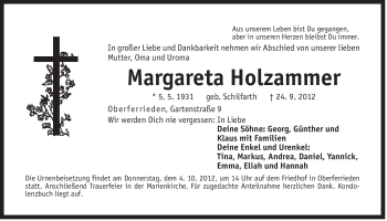 Traueranzeige von Margareta Holzammer von Der Bote
