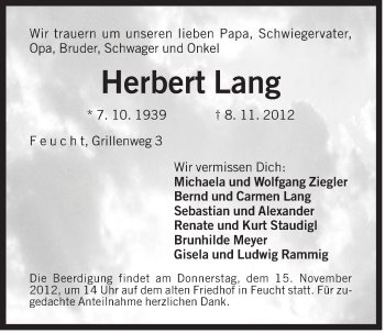 Traueranzeige von Herbert Lang von Der Bote