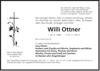 Traueranzeige von Willi Ottner von Der Bote