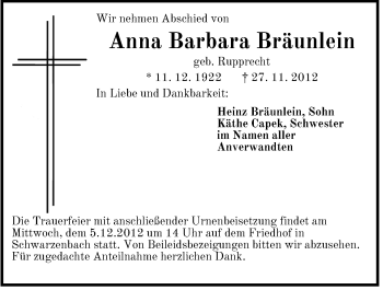 Traueranzeige von Anna Barbara Bräunlein von Der Bote