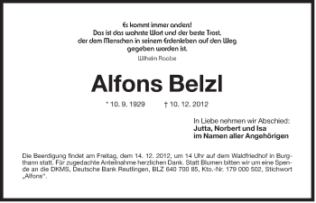 Traueranzeige von Alfons Belzl von Der Bote