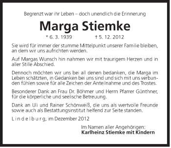 Traueranzeige von Marga Stiemke von Der Bote