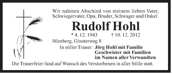 Traueranzeige von Rudolf Hohl von Der Bote