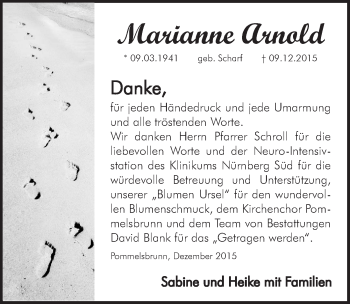 Traueranzeige von Marianne Arnold von Hersbrucker Zeitung