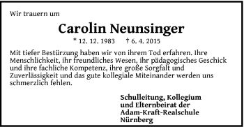 Traueranzeige von Carolin Neunsinger von Hersbrucker Zeitung