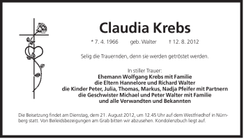Traueranzeige von Claudia Krebs von Der Bote
