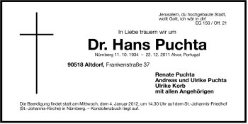 Traueranzeige von Hans Puchta von Der Bote