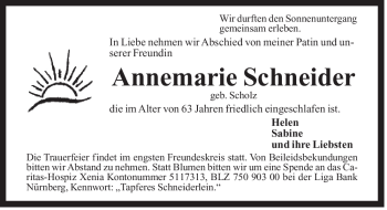 Traueranzeige von Annemarie Schneider von Der Bote