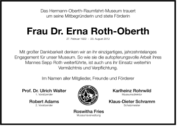 Traueranzeige von Erna Roth-Oberth von Der Bote