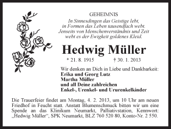 Traueranzeige von Hedwig Müller von Der Bote