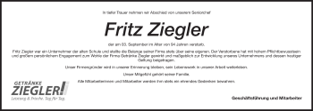 Traueranzeige von Fritz Ziegler von Pegnitz-Zeitung