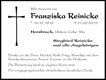 Traueranzeige von Franziska Reinicke von Hersbrucker Zeitung