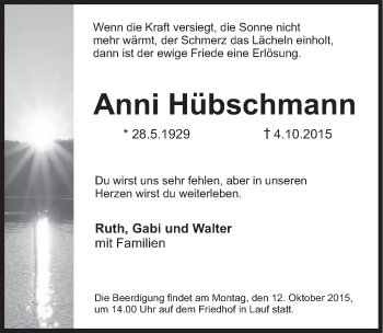 Traueranzeige von Anni Hübschmann von Pegnitz-Zeitung