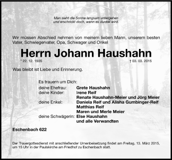 Traueranzeige von Johann Haushahn von Hersbrucker Zeitung