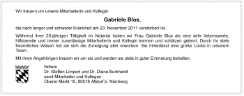 Traueranzeige von Gabriele Blos von Der Bote