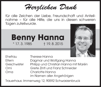 Traueranzeige von Benny Hanna von Der Bote