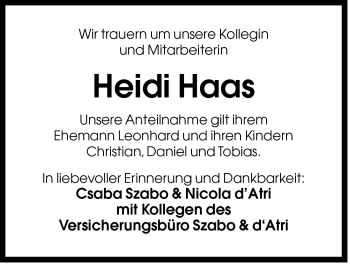 Traueranzeige von Heidi Haas von Der Bote