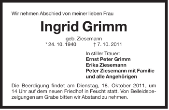 Traueranzeige von Ingrid Grimm von Der Bote