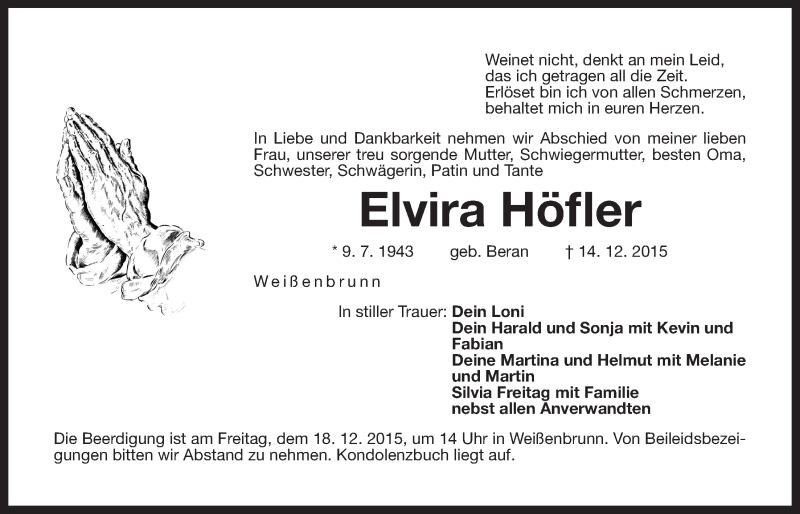  Traueranzeige für Elvira Höfler vom 16.12.2015 aus Der Bote