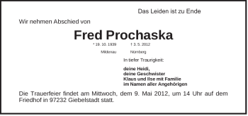 Traueranzeige von Fred Prochaska von Der Bote