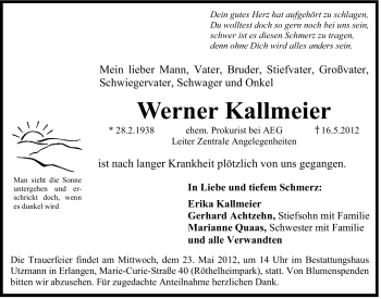 Traueranzeige von Werner Kallmeier von Der Bote